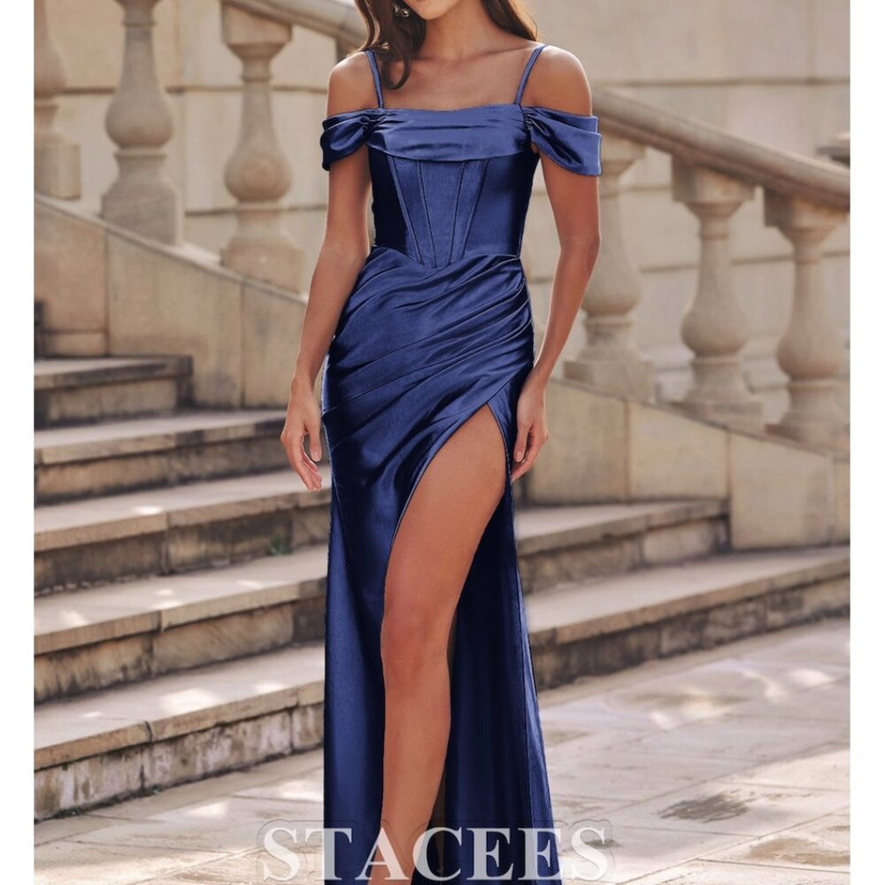 Trumpet/Mermaid Cold-Shoulder Silk like Satin Ruched Corset Slit Prom Dress